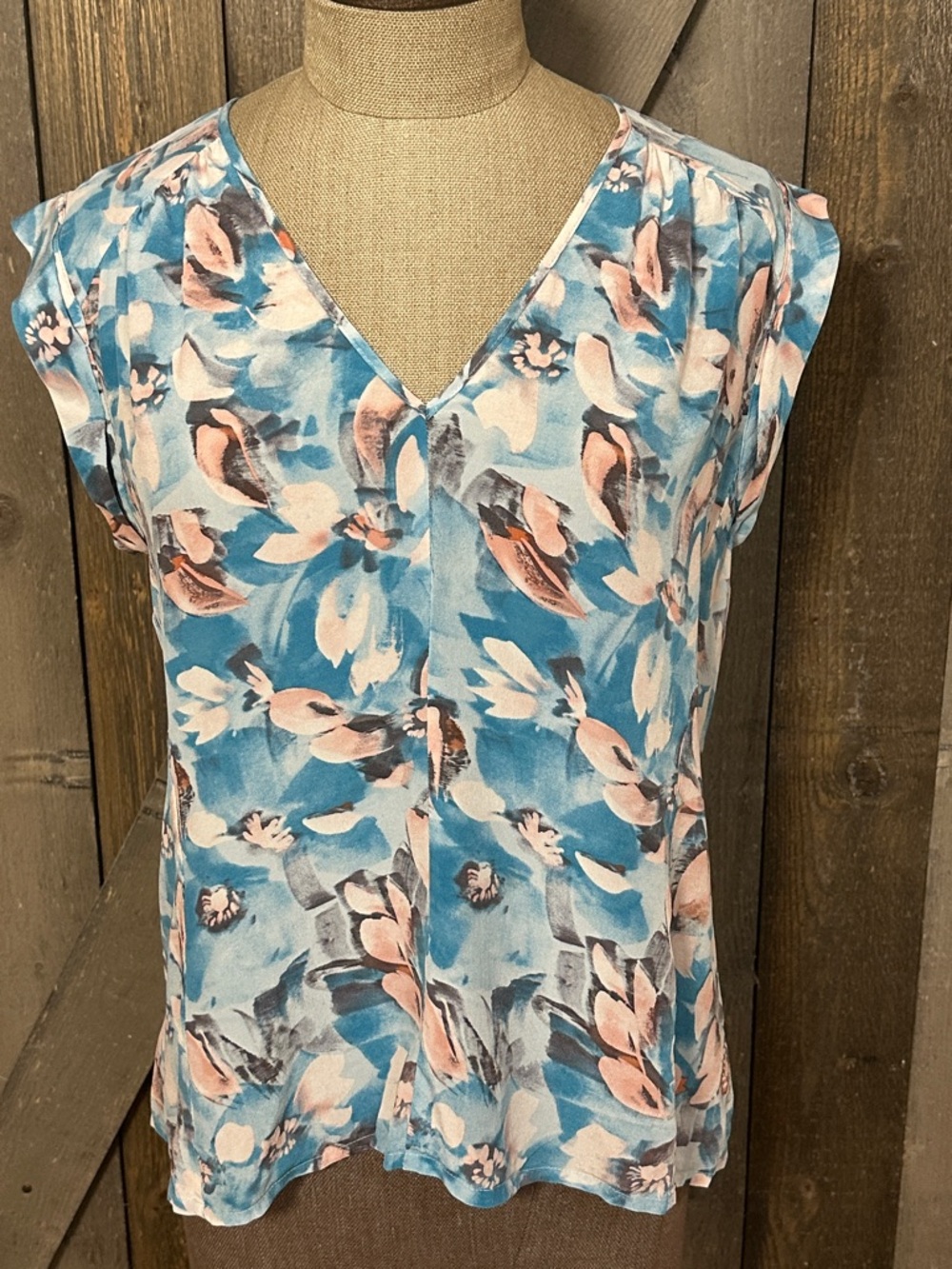 Rebecca Taylor Silk Blouse Blue Pink Floral V Neck Keyhole Back Size 4